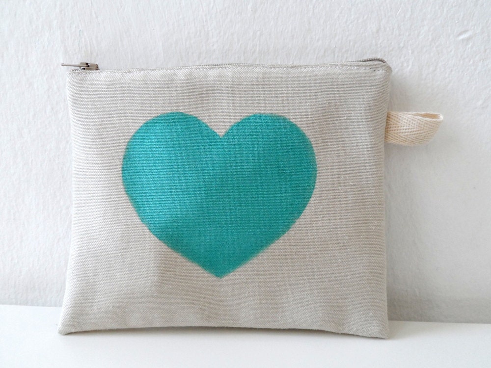 Metallic Jade Green  Heart Zipper Clutch, Large Pouch, make up bag, purse