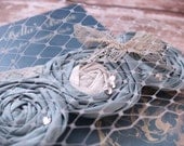 GRAY BLUE Couture Vintage Rosette Headband Silk French Veiling and Feathers on White Stretch Lace
