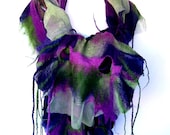 Nuno Felted Scarf, Purple Green, Wavy, Ruffled Long Felt Scarf With Fringes And Holes, Merino Wool Scarf