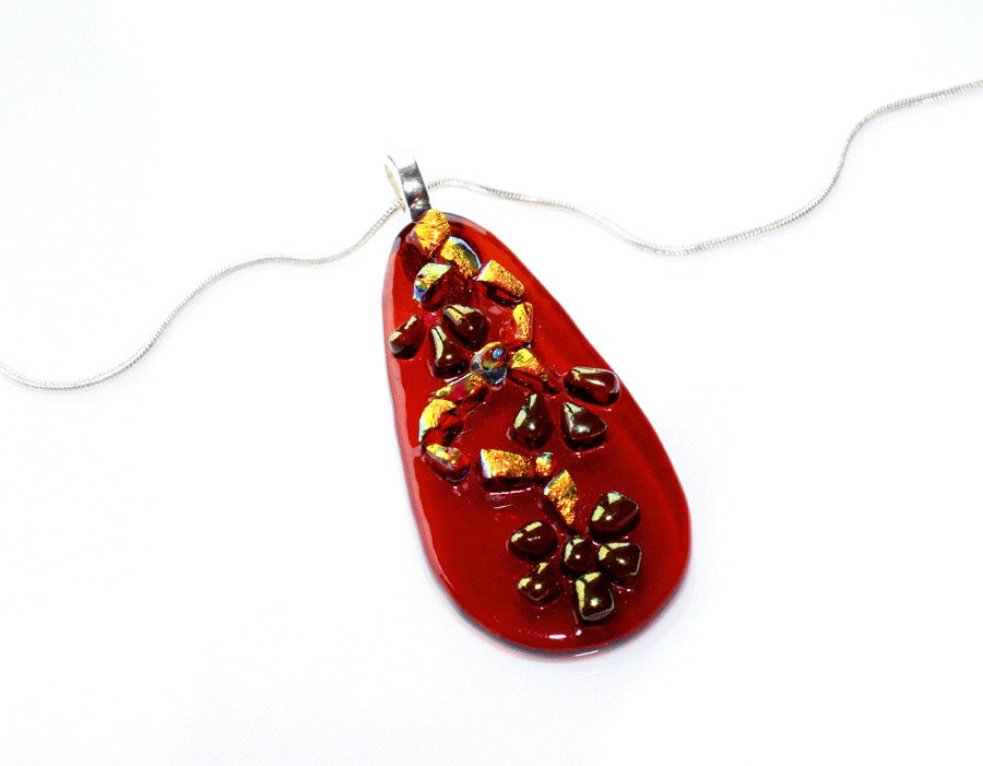 Necklace, Red & Gold Dichroic Pendant, Fused Glass, Dichroic Jewelry