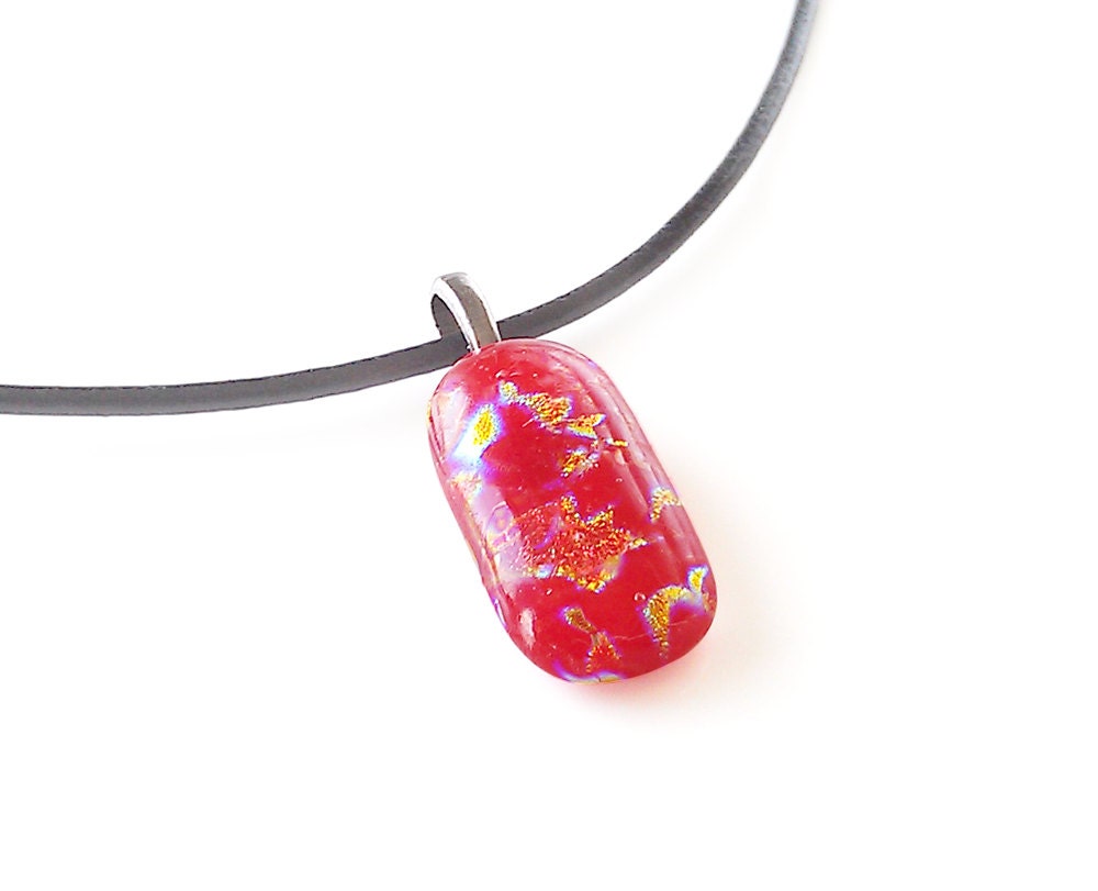 Necklace, Red & Dichroic Pattern Pendant, Hand Made Fused Glass