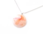 Round Necklace Pendant, Peach & White Swirls, Wispy, Pastel, Fused Glass Jewelry