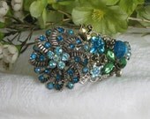 Vintage Inspired, Blue Rinestone Bracelet, Cuff Bracelet, Upcycled Jewelry, Floral Bracelet, Blue Bracelet, Chunky Bracelet, OOAK