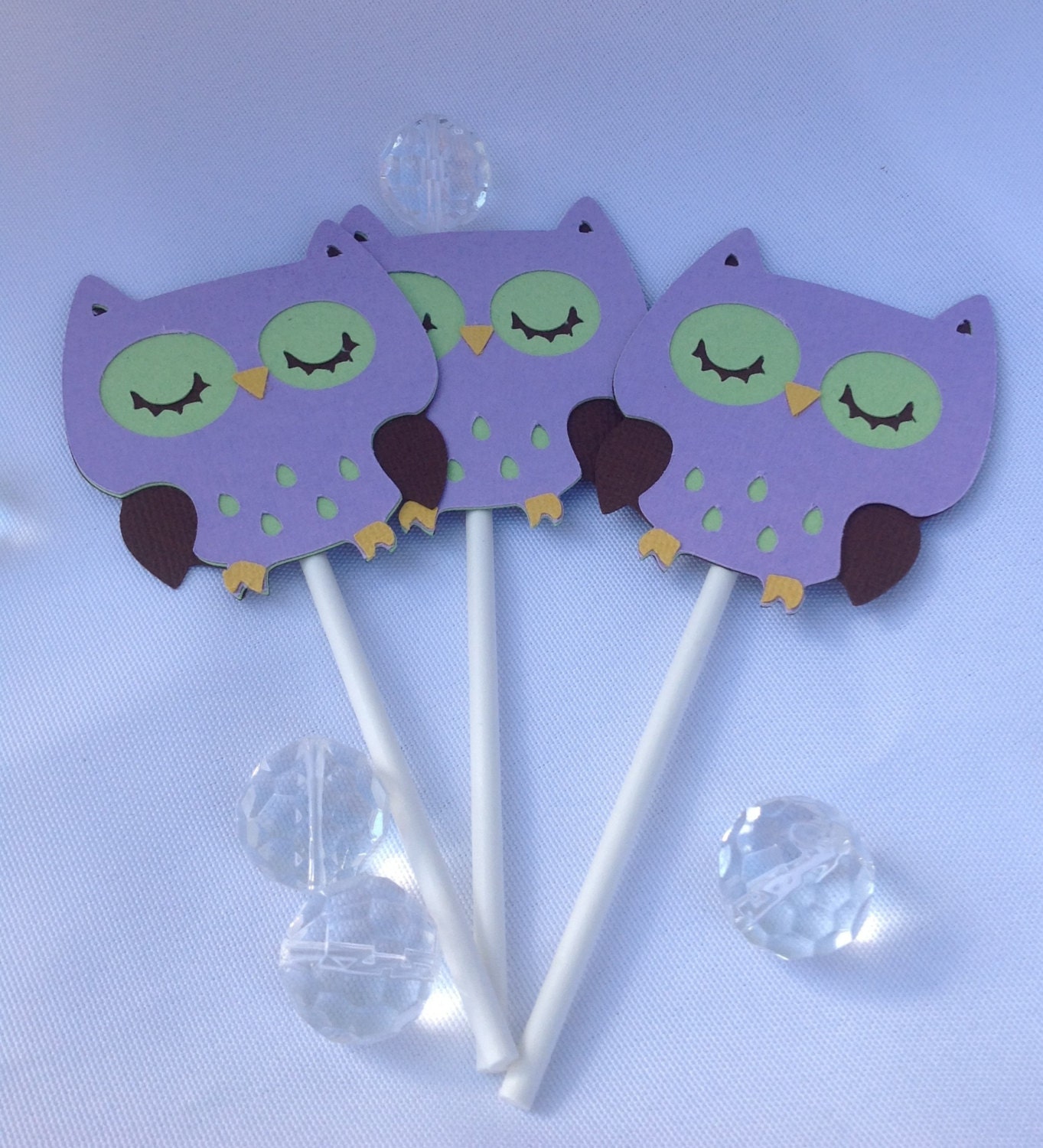 Owl cupcake toppers, lavender, green, and chocolate set of 12 ready to ship