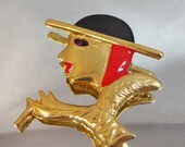 Art Deco Lady Brooch. Large. Vintage Smoking Lady Pin. Rhinestone.