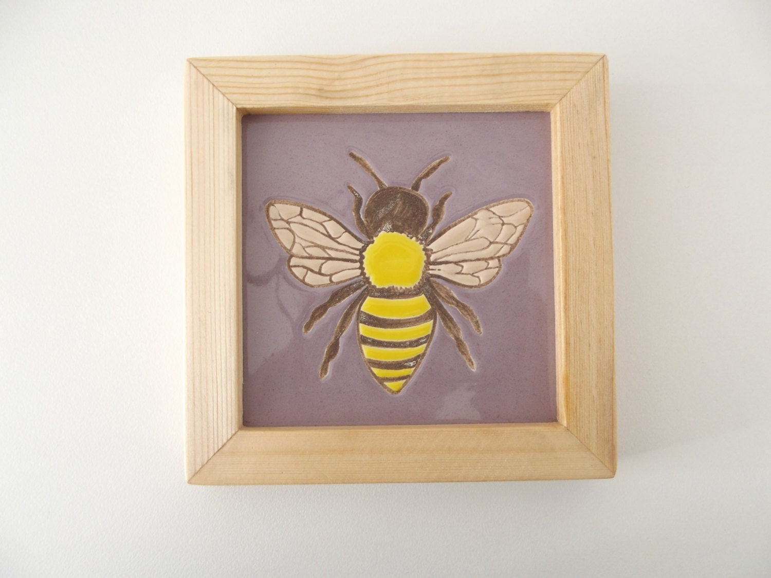 Ceramic Tile in Wood Frame Bee Art Spring in Woodland Home Decor Housewarming Gift