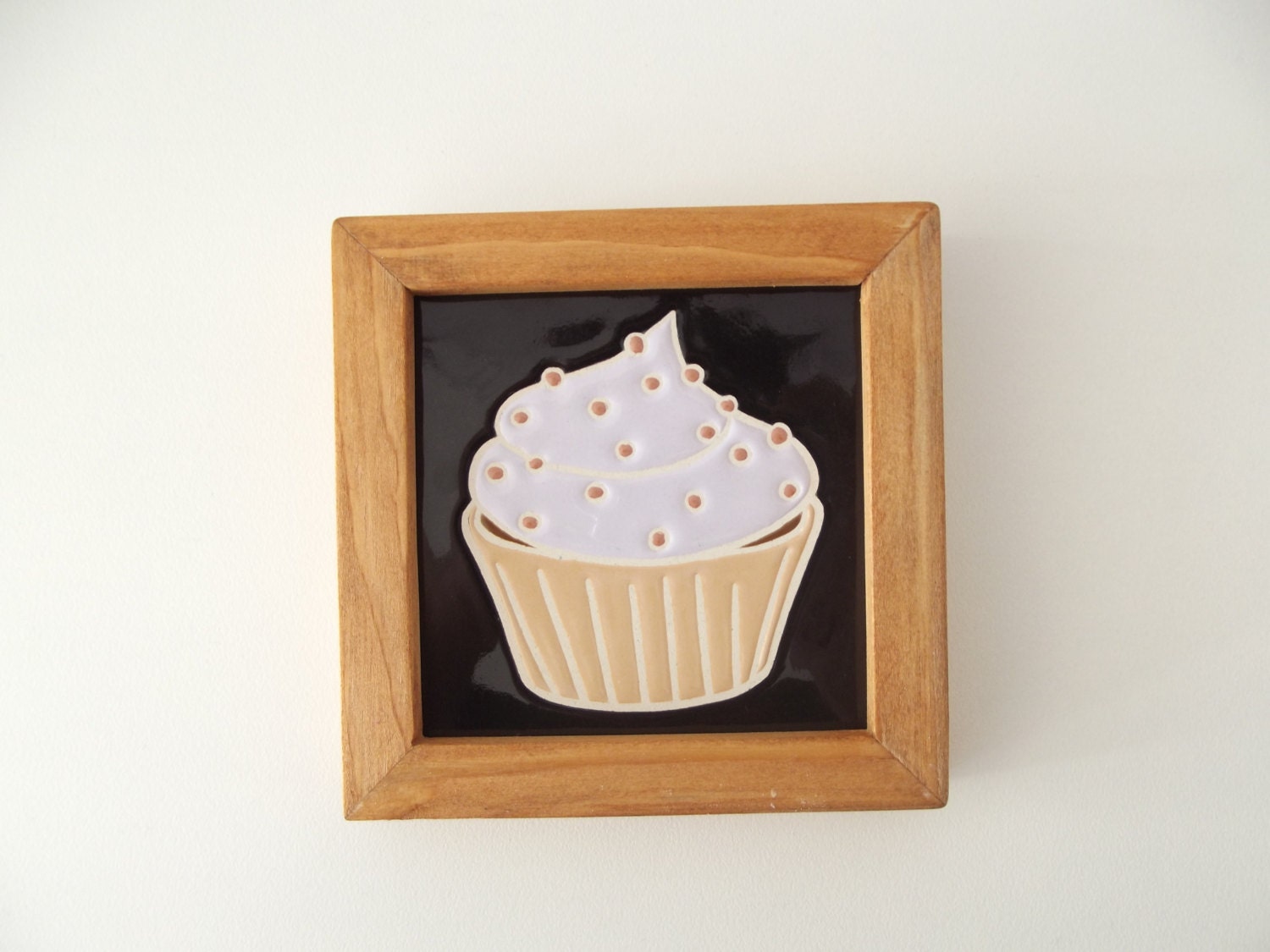 Ceramic Cupcake Tile in Wood Frame Kitchen Home Decor Unique Handmade Artisan Gift for Housewarming