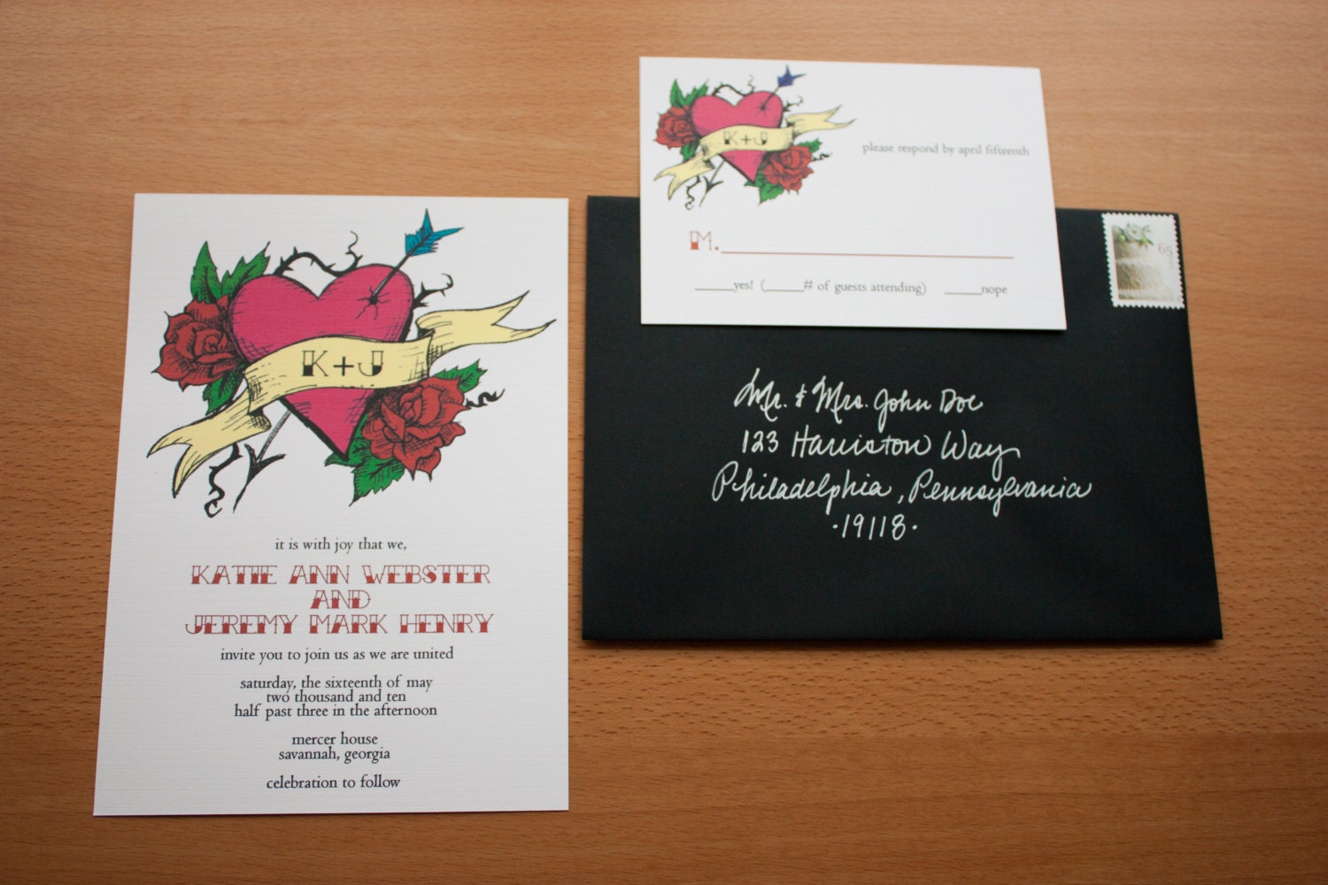 Vintage Heart Tattoo Wedding Invitation Set - Digital Design