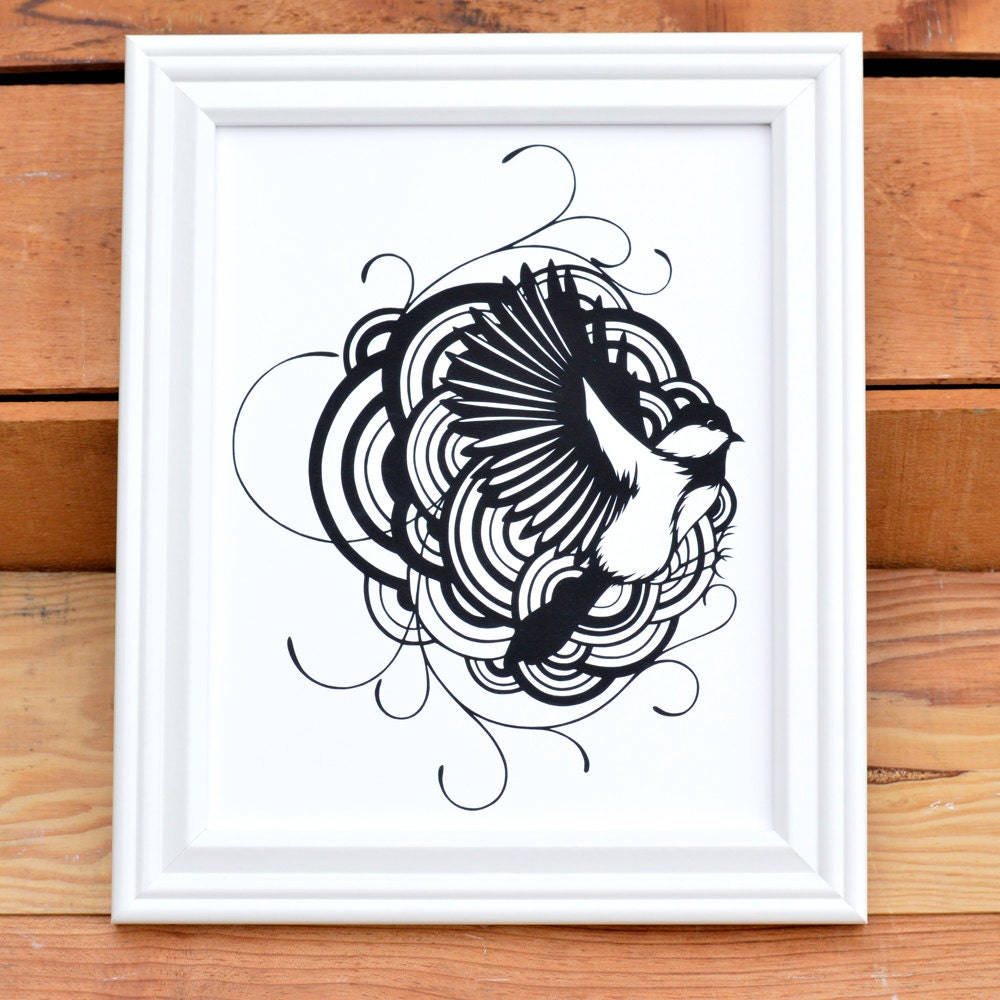 11x14 papercut print . flying . chickadee, clouds, sky