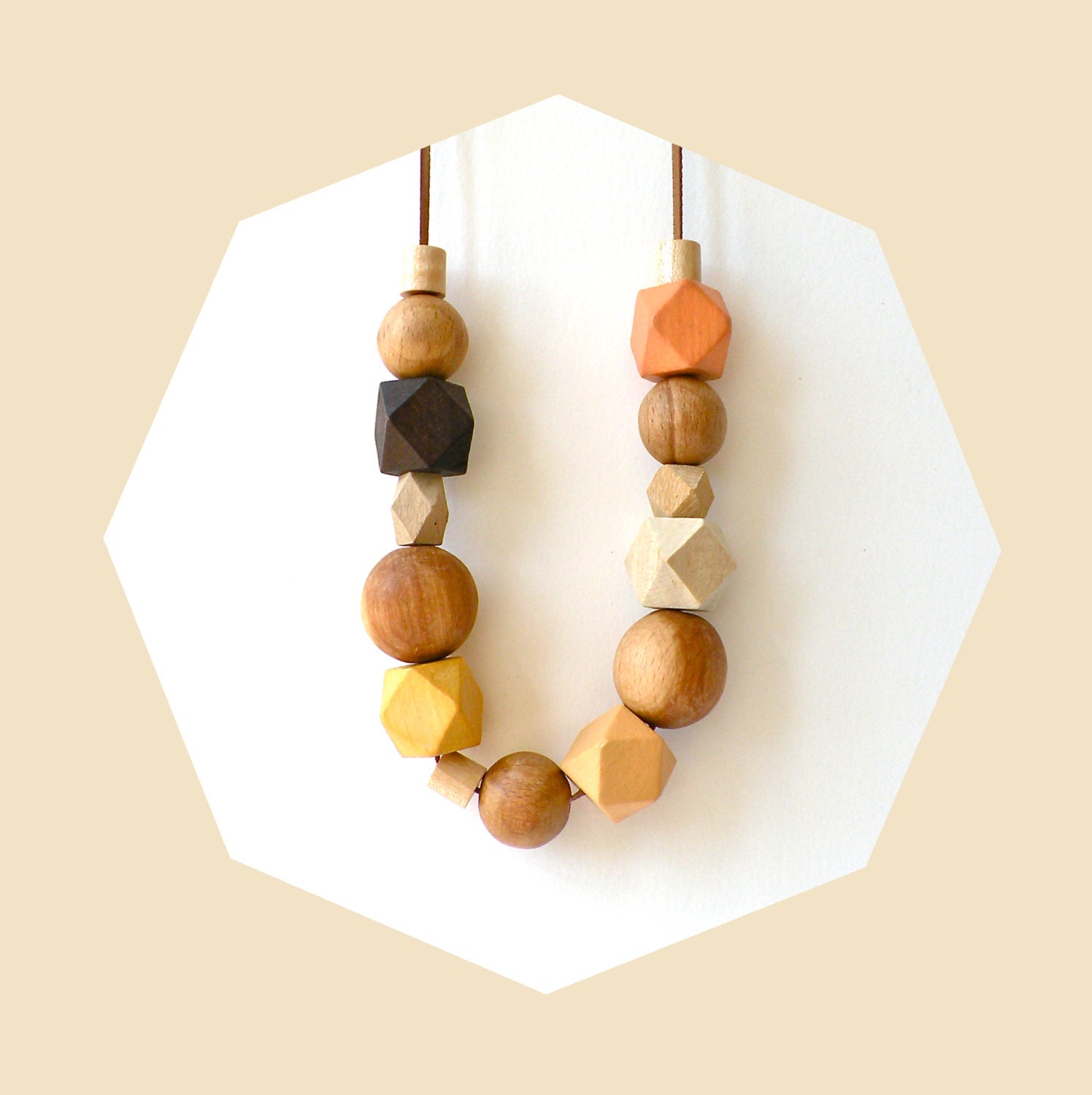 Wood Bead Geometric Necklace / Brown, Yellow, Salmon & Orange / Natural Wood Bead Statement Neckalce
