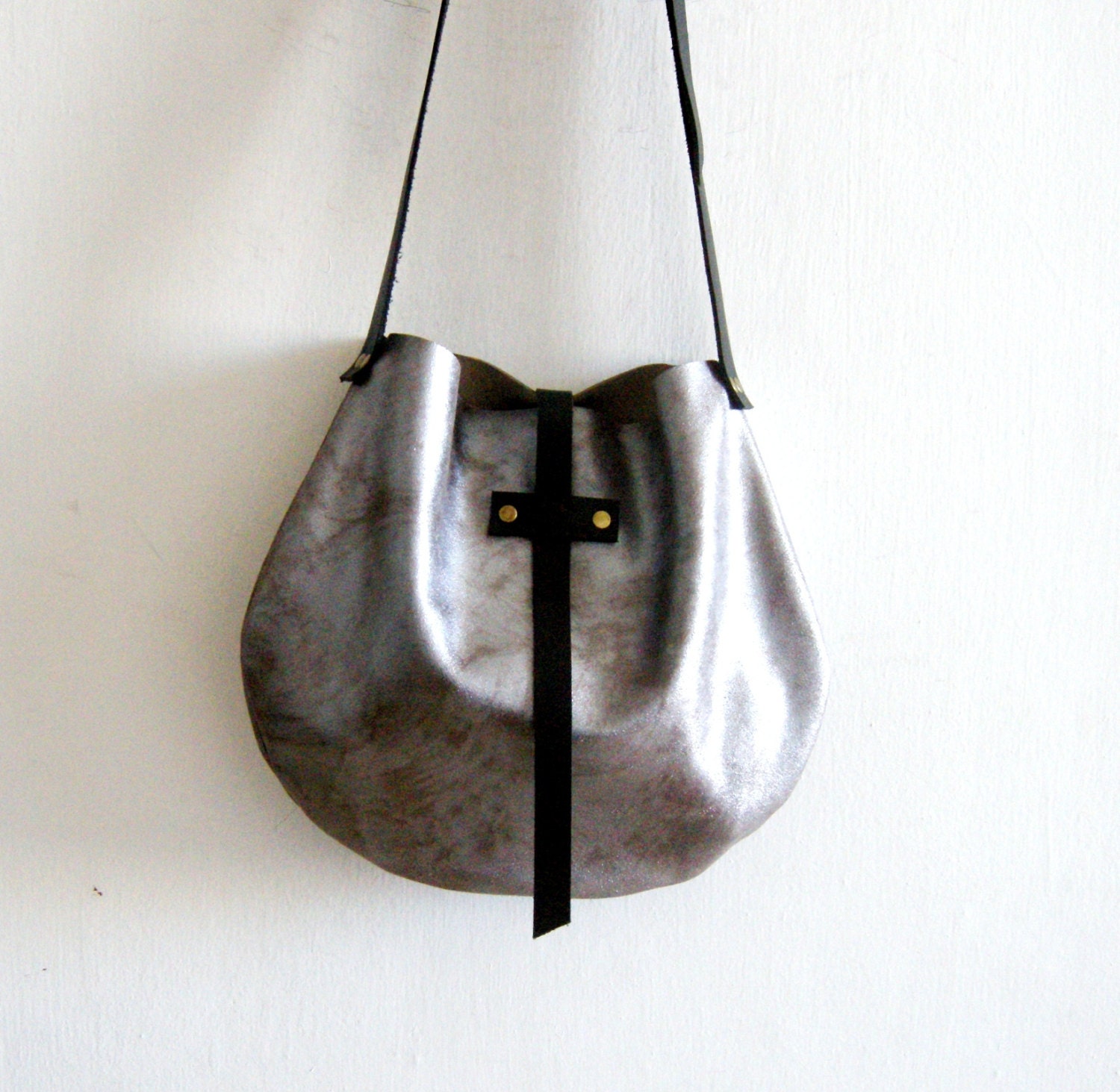 Leather  basket bag ,Cross-body ,adjustable long strap - polished silver