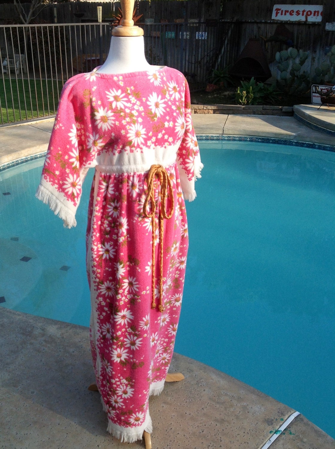 Vintage towel dress, 60s pool swim fashion in hot pink daisy terry cloth size medium