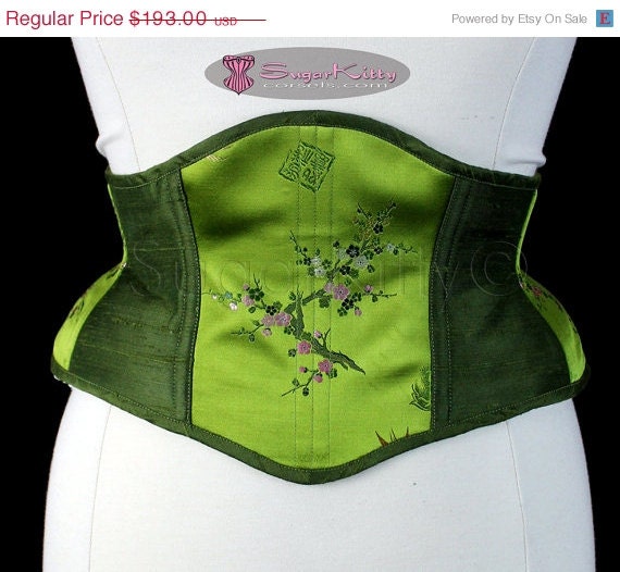 ON SALE Size 32 Olive Green Silk Waspie Corset Cincher - SugarKitty Corsets