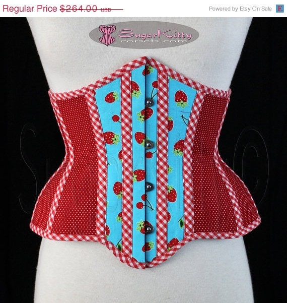 Reserved for hrocall - Size 20 Blue & Red Fruit Polka Dot Gingham Underbust Corset Cincher - SugarKitty Corsets