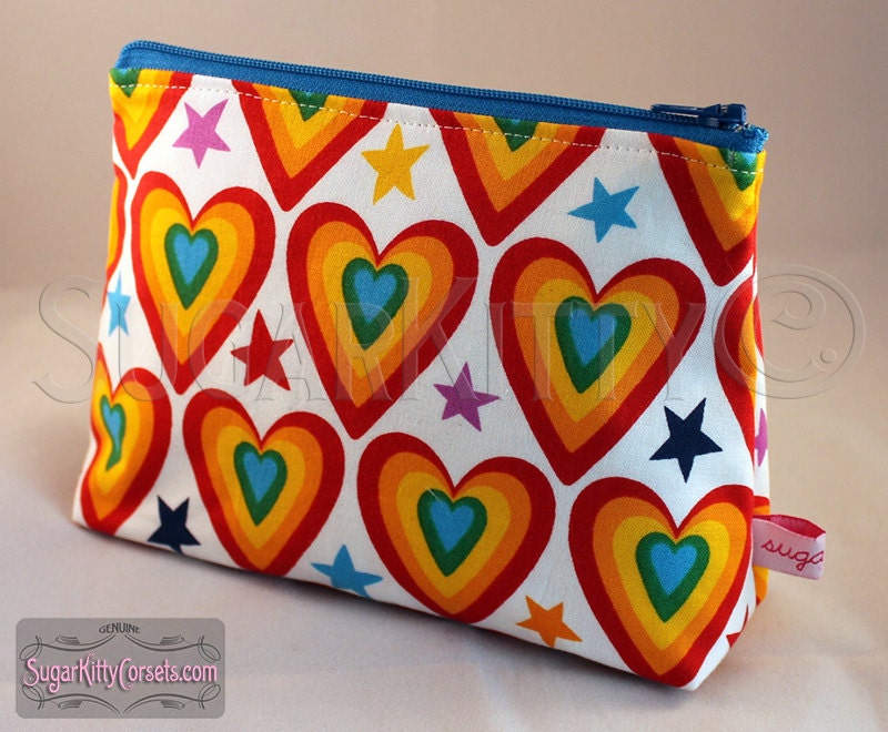 Large Cotton Zippered Make-Up Bag  Rainbows Hearts - SugarKitty Corsets