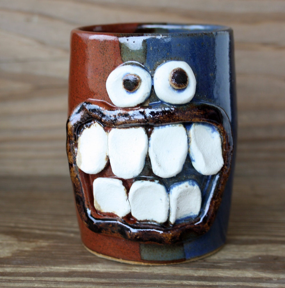 Very Happy Toothbrush Cup, Ceramic Tumbler, Blue and Red