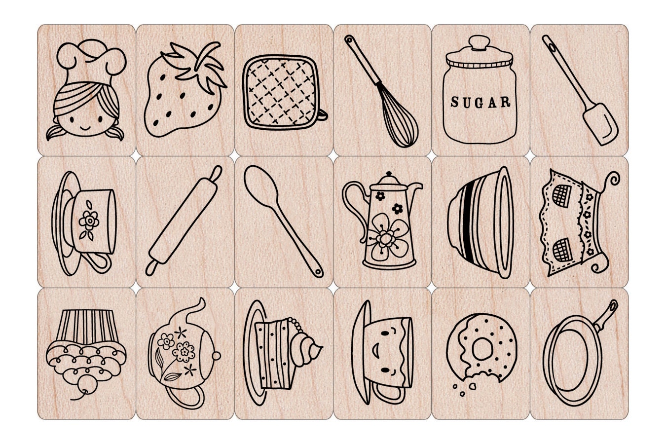 Cook It Stamps Set (18 woodblock stamps and 1 Ink Pad). Ink n Stamp Woodblock Craft Stamp (LP198)