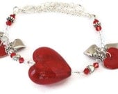 Red and Silver Heart Charm Bracelet, Gift for Women, Gifts Under 30, Last Minute, Gift Wrapped, Gifts for Mom, Mothers Day