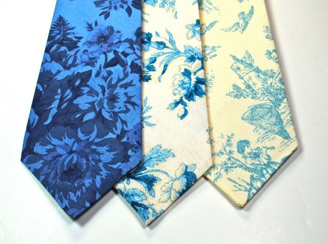 Mens Cotton Blue Floral Neckties  - Custom Neckties and Bow Ties, Navy Blue Neckties, Wedding Neckties, Cotton Neckties