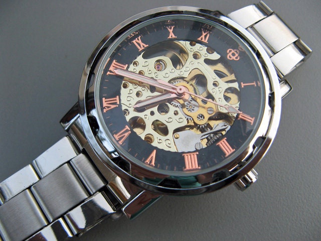 Silvertone Classic Mechanical Wrist Watch, Automatic, Stainless Steel Metal Wristband - Steampunk - Men - Groomsmen - Watch - Item MWA4002