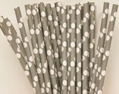 Solid Grey and White Dot Paper Drinking Straws, Paper Straws with DIY Flags, Retro, Vintage, Weddings, Retro Soda Straws