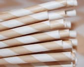 25 IVORY CREAM Striped Paper Straws with Printable Paper Flags - Wedding - Dinner Parties - Birthday - Made In USA