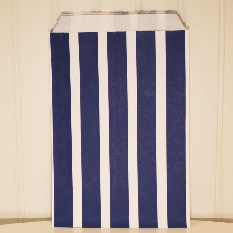 Favor Bags, 24 Navy Vertical Striped Treat Bags, Party Supplies, Packaging, Catering, Baking, Candy