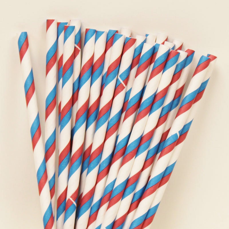 Red and Blue Striped Paper Straws, Fourth of July, Americana, Labor Day, Red White Blue, 25 Paper Drinking Straws with Diy Flags,