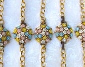 Vintage Bridesmaid Bracelets Set of 5 Pastel Rhinestone Flower Bouquets Pink Blue Yellow White With Gold Chain