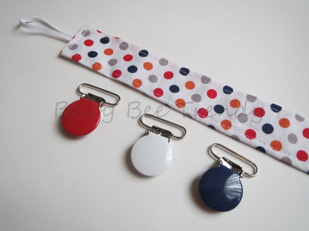 Ready To Ship... Universal Pacifier Holder Clip - Riley Blake Dot Small Boy with Color Suspender Clip