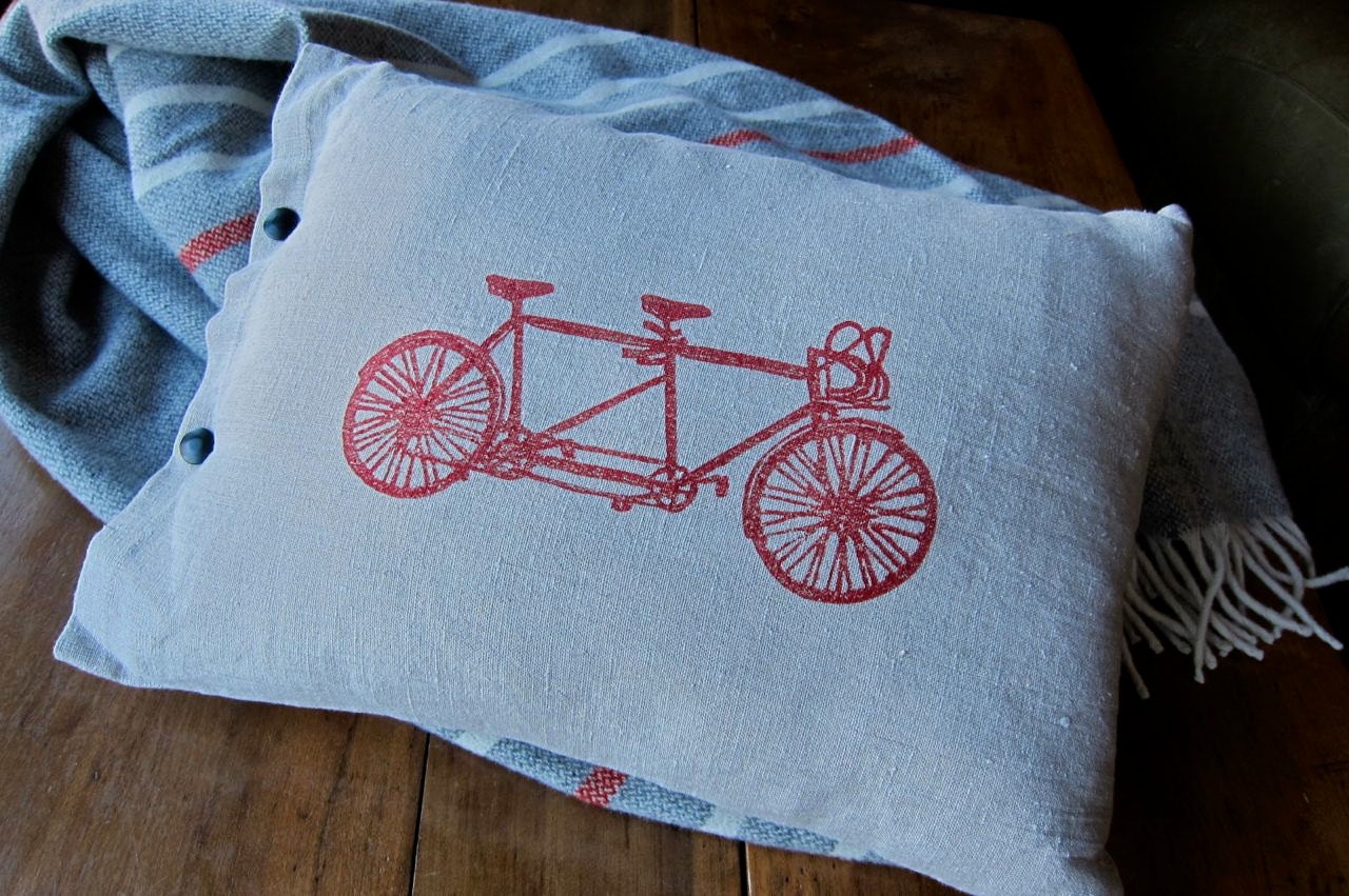 block printed linen pillow cushion tandem bicycle scarlet  (red bike on toast)