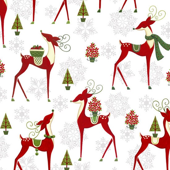 Henry Glass Holiday Frost Fabric Uppity Whimsical Red Reindeer Christmas Holiday Prancer on White