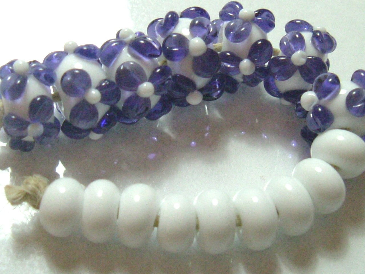 Purple and white lampwork glass bead set SRA P97
