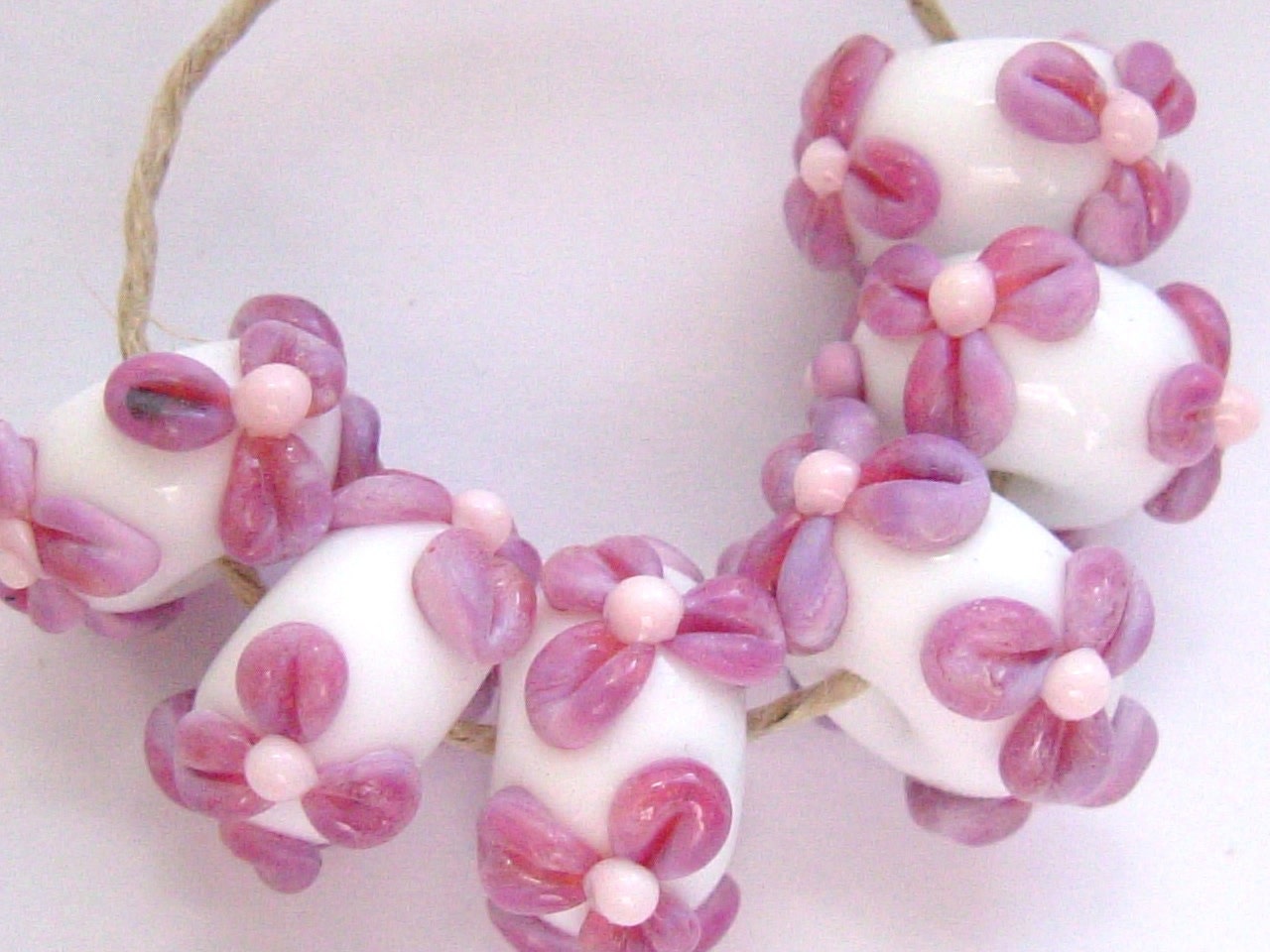 Pink purple and white lampwork glass bead set SRA P97
