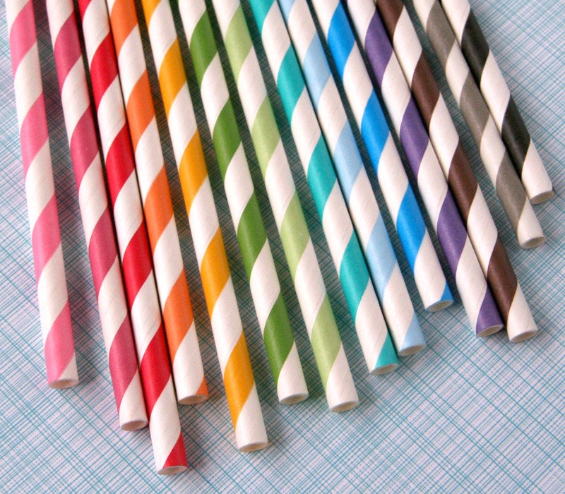 Assorted Striped Paper Straws with DIY Flags - BULK (140 paper straws)
