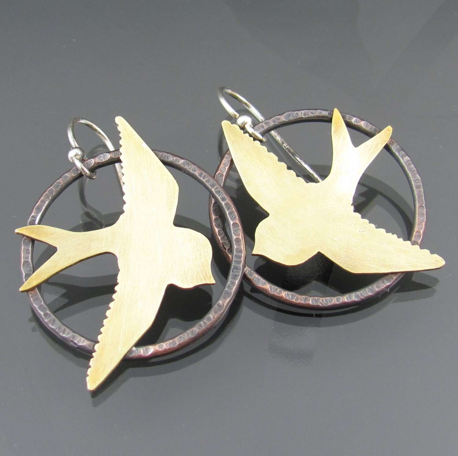 swallow hoop earrings - bird earrings - swallow jewellery - bird jewellery - hoop earrings - copper earrings - brass earrings