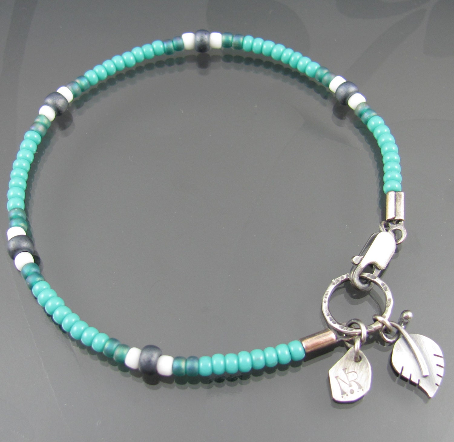 beaded leaf bracelet - botanical bracelet - beaded bracelet - sterling silver leaf bracelet - charm bracelet - seed bead bracelet