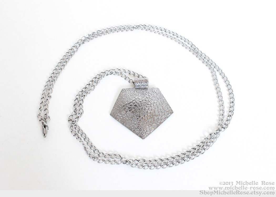 Gunmetal Pentagon Necklace - Long Metal Geometric Necklace - Handmade Jewelry - Pentagon Moon Necklace - Textured Copper Pendant