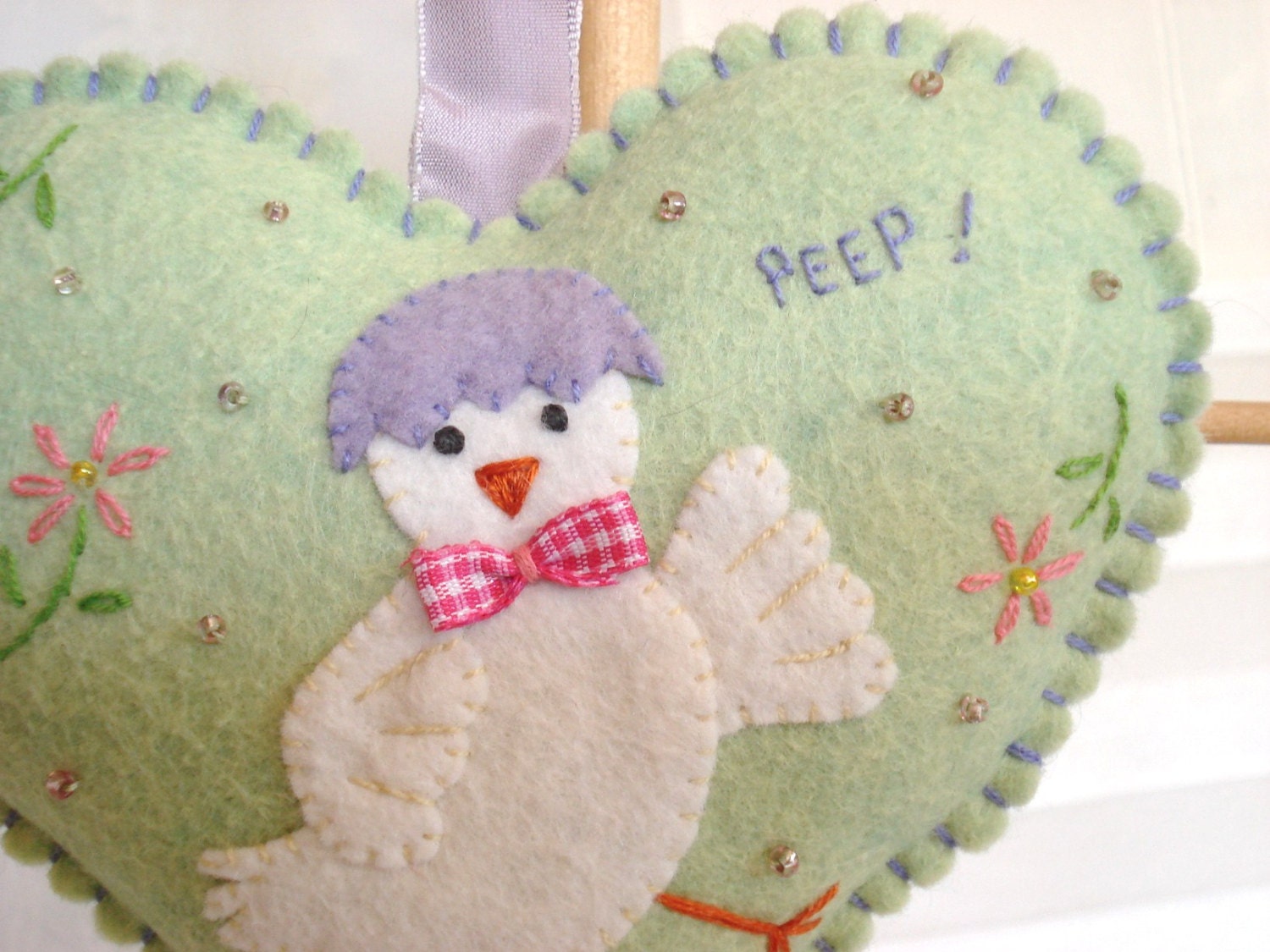 Easter chick felt ornament heart shaped peep with french ribbon hanger