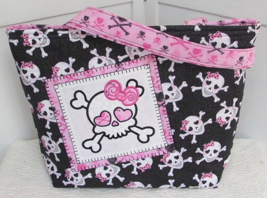 Skull Tote Pretty In Pink Skulls and Glitter Large tote Diaper Bag Ready to Ship