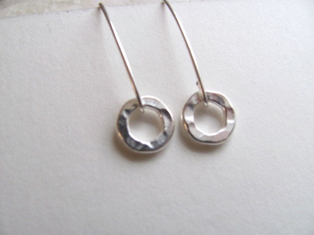 Sterling silver hammered circle drop earrings, delicate minimalist
