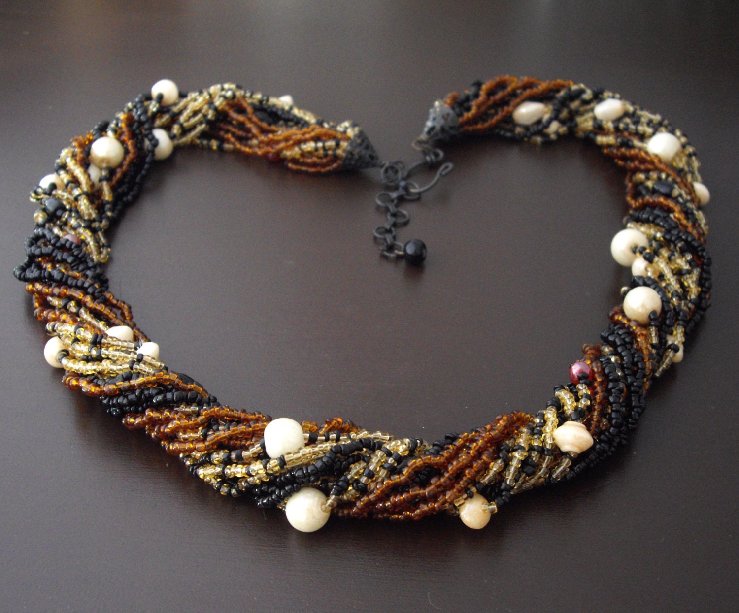 Vintage Seed Bead Necklace, Brown Bead Necklace, Torsade Necklace