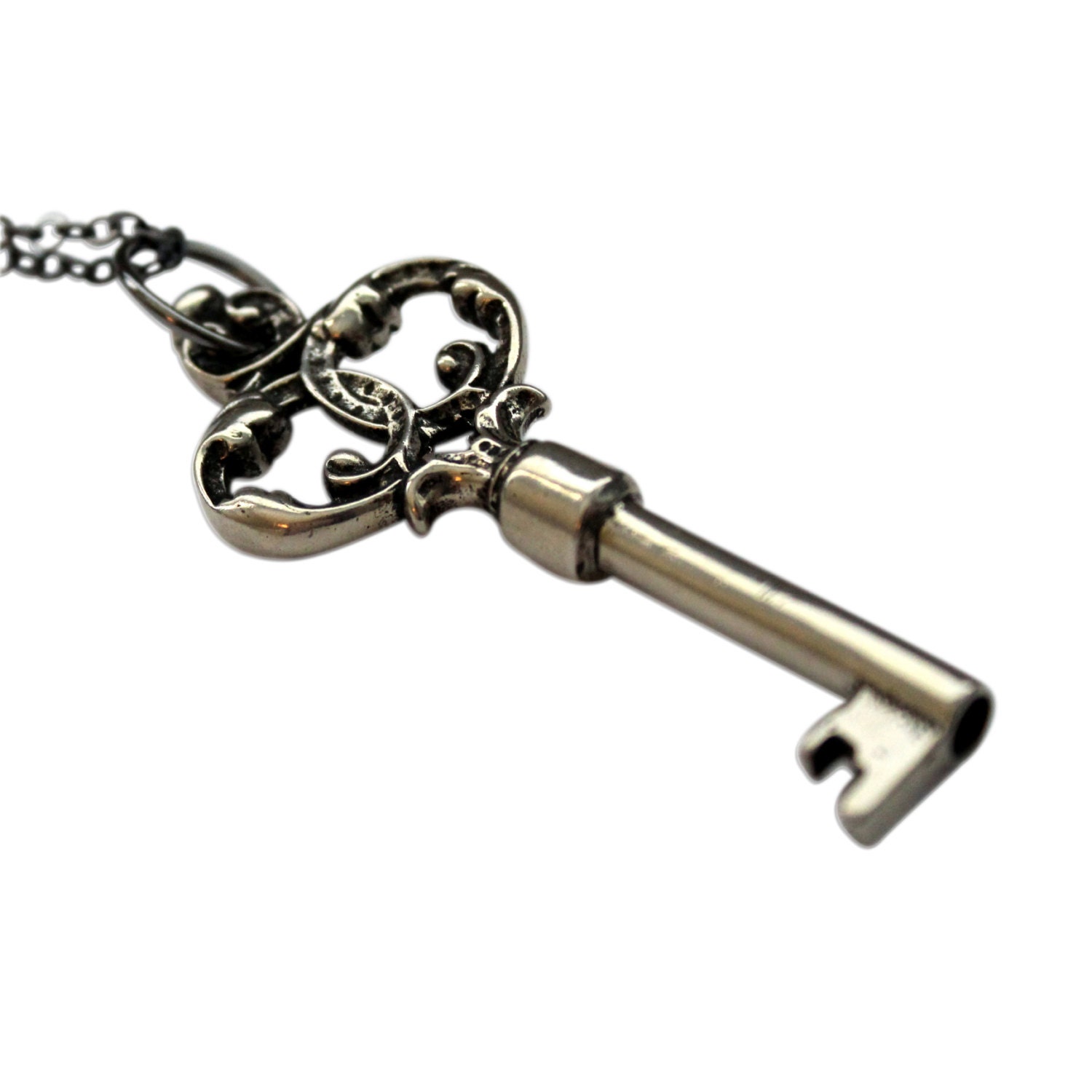 Skeleton Key Necklace Pendant Ornate White Bronze Victorian - Gwen Delicious Jewelry Design