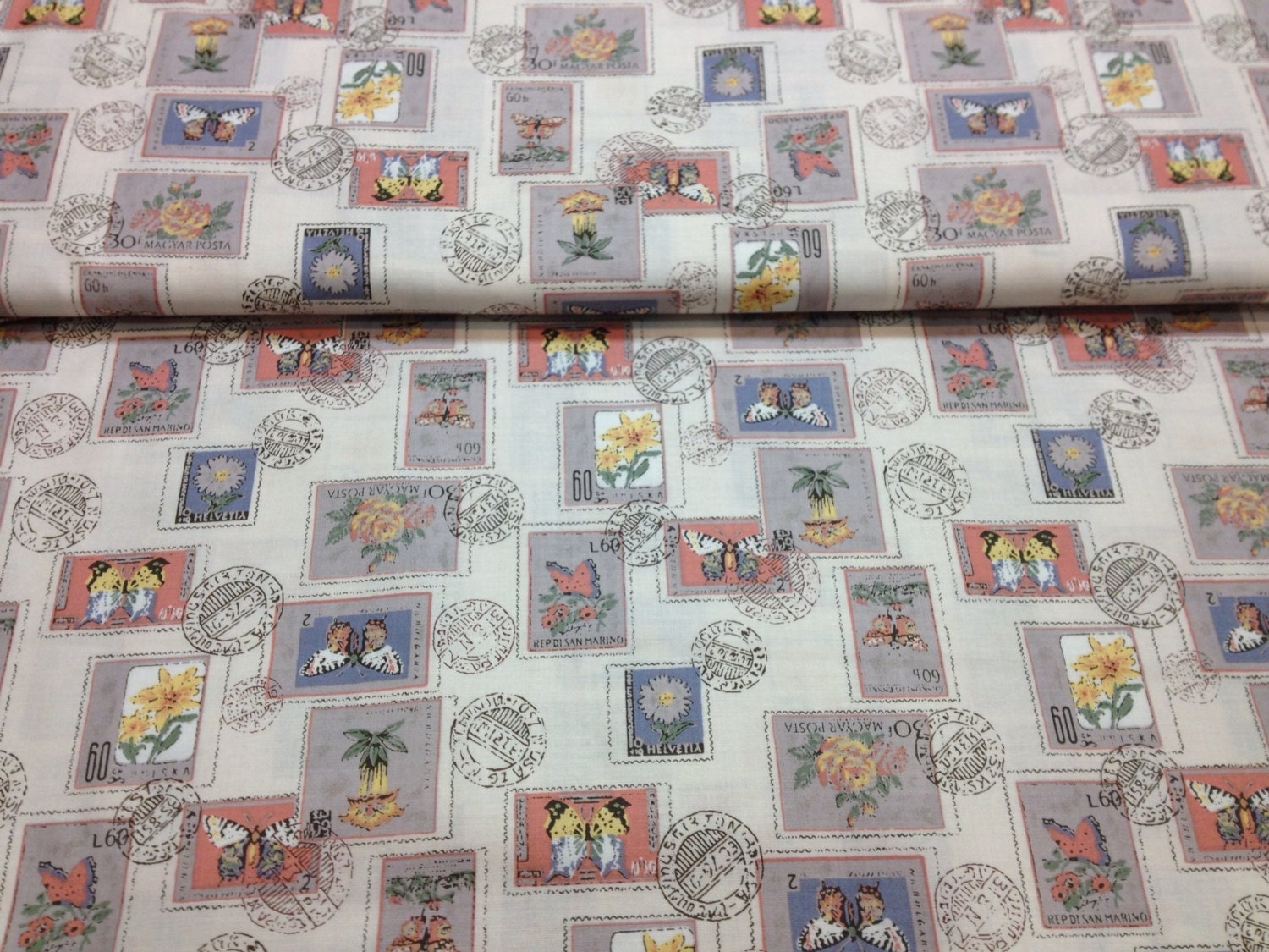 Japanese Cotton Print Fabric - Yuwa Live Life Collection, Half Yard - Kawaii Butterfly & Floral Postal Stamp - NT498