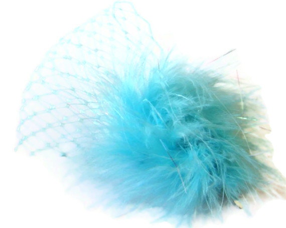 TURQUOISE BLUE Bridal Party Boa Feather Bobby Pin with Turquoise Veil