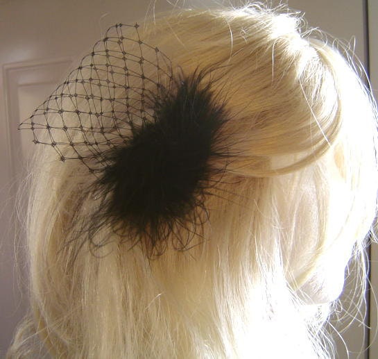 BLACK NOIR Bridal Party Boa Feather Bobby Pin with Veil