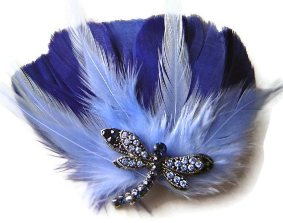 BUTTERFLY PRINCESS Blue Feather Hair Clip Bridal Fascinator Clip Large Butterfly Rhinestone OOAK