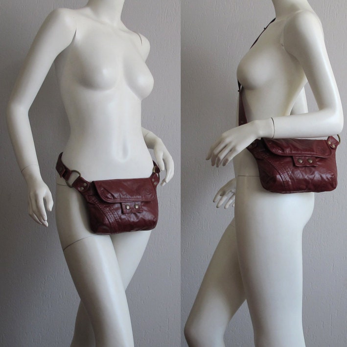 Doble use black hip bag/ purse with gray details with red seams, RECYCLED LEATHER