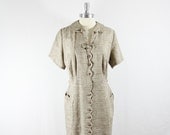 1940s Dress - XL Brown and White Flecked Scalloped Button Front Fab Frock