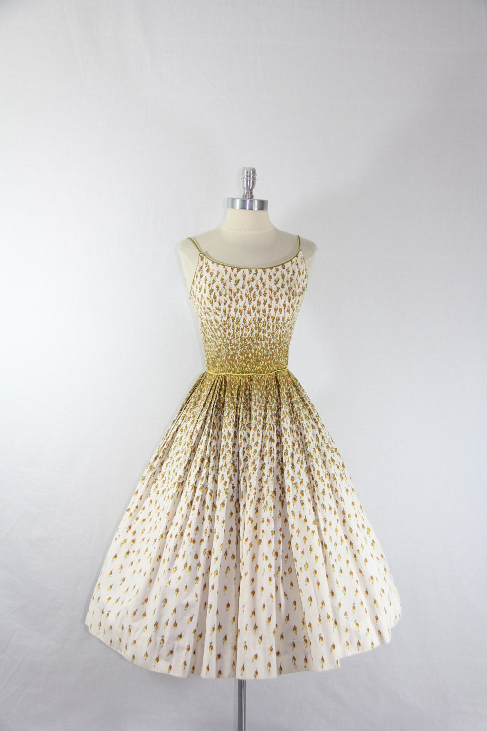 1950s Vintage Dress - Yellow Green Orange and  White Cotton Sundress - Novelty Print Floral Explosion